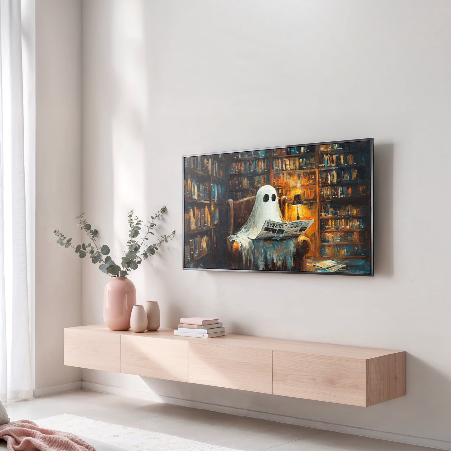 Spooky Ghost Reading in Library Large Canvas Wall Art, Halloween Decor, Mysterious Bookish Home Interior, Cozy Room Decoration