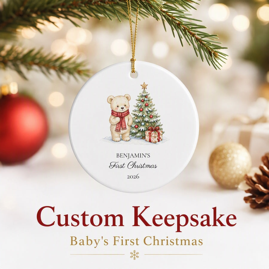 Personalized Baby's First Christmas Ornament - Teddy Bear & Tree