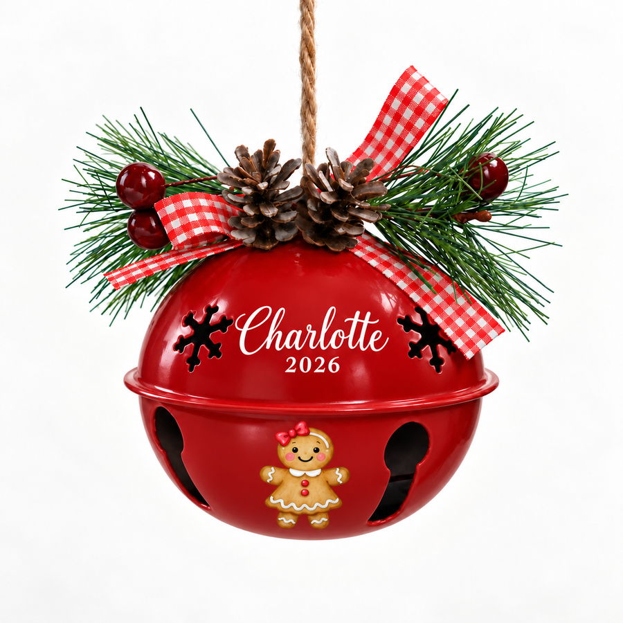 Personalized Gingerbread Girl Bell Ornament with Name & Year