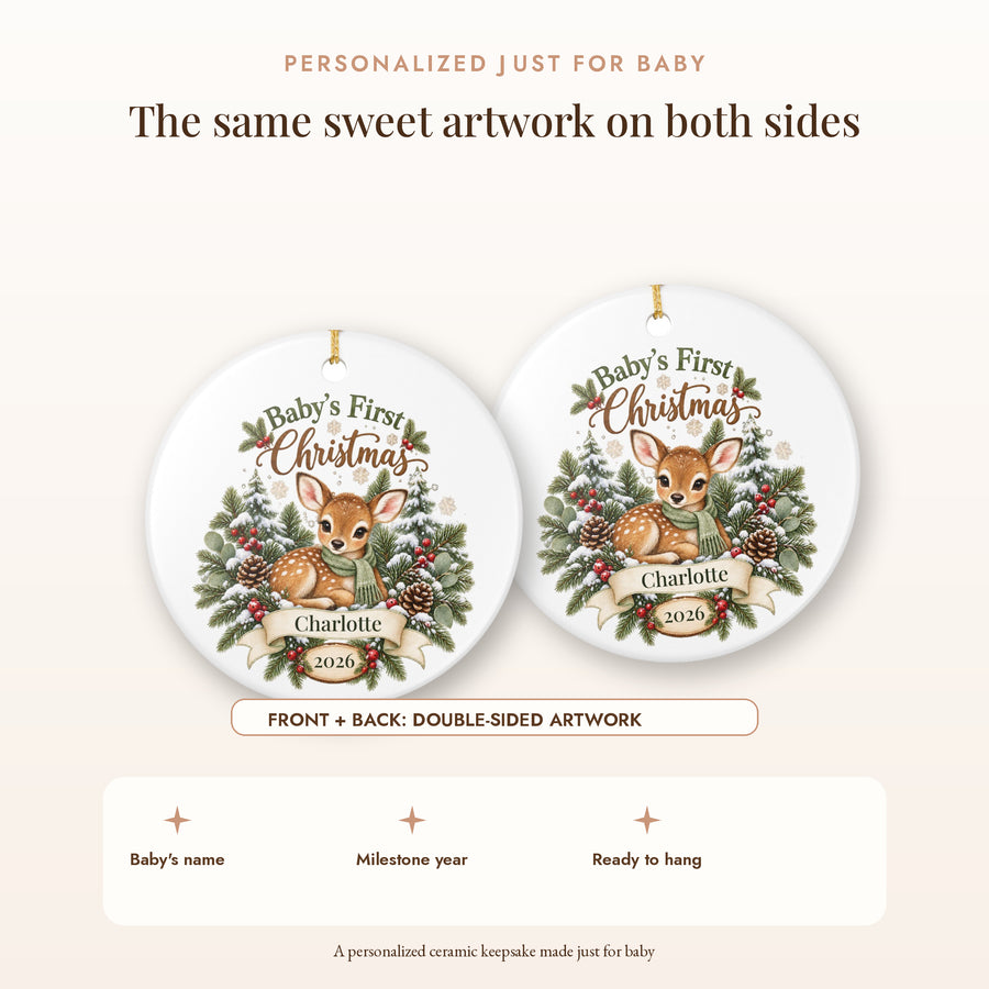 Personalized Baby's First Christmas Ornament - Woodland Fawn Ceramic Keepsake