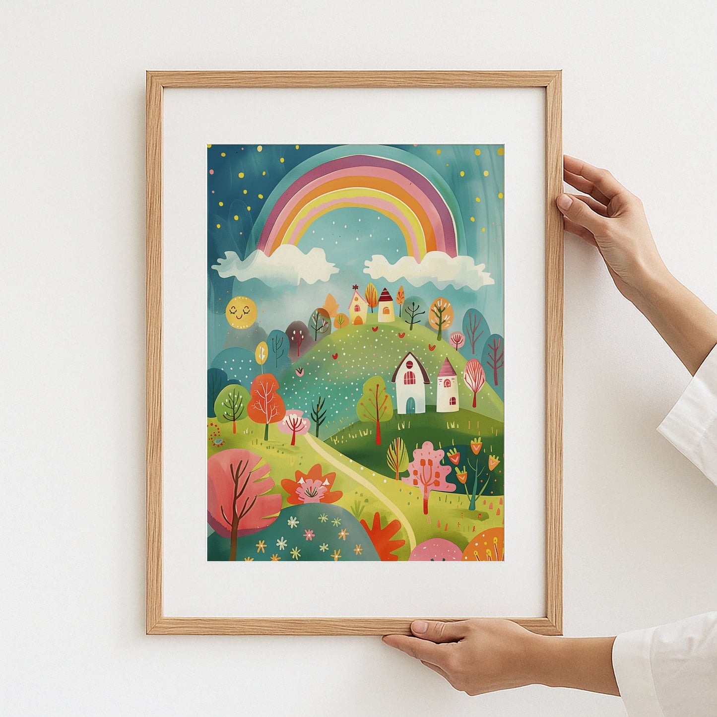 Colorful rainbow and village scene art print product type