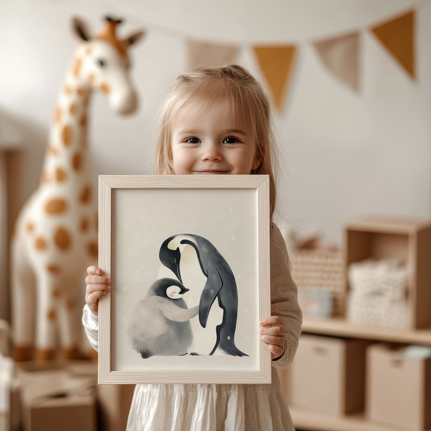 Adorable Penguin and Baby Art Print for Kids Room product