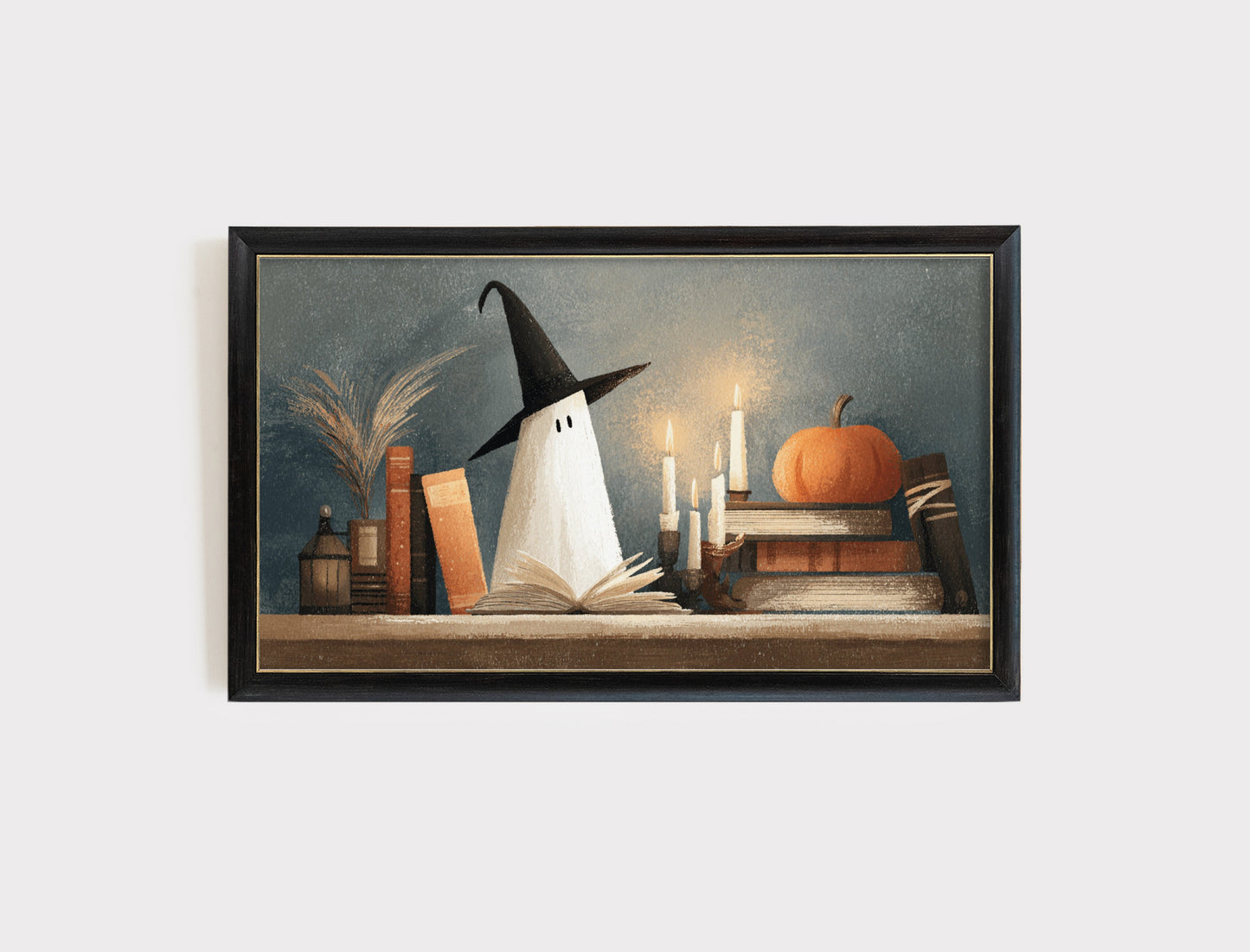 Vintage Style Halloween Art Print, Witch Hat Ghost, Pumpkin Still Life, Wall Decor for Autumn and Fall Season