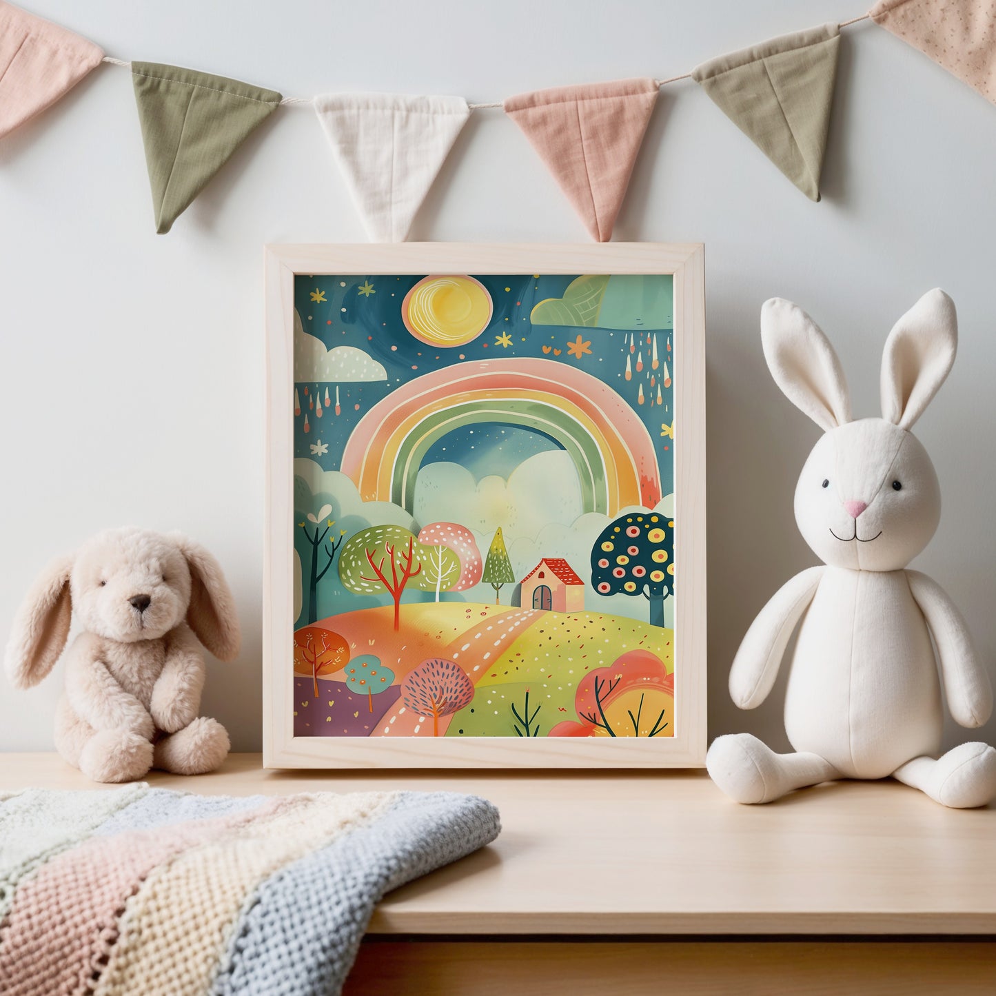 Whimsical Rainbow Landscape in Wooden Frame art product