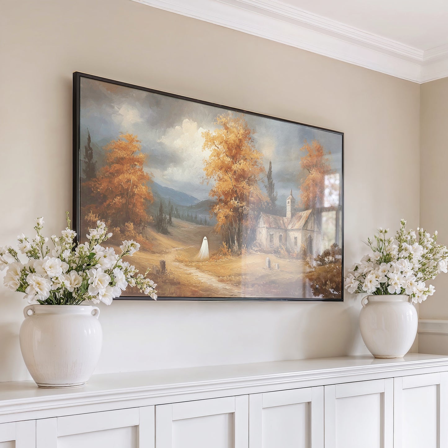 Autumn Landscape Canvas Art, Vintage Oil Painting Reproduction, Large Wall Decor, Rustic Home Interior Design, Scenic Fall Trees Artwork