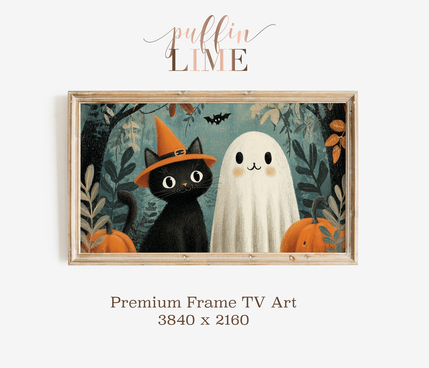 Halloween Cat and Ghost Digital Artwork, Spooky Wall Decor, Autumn Pumpkin Illustration, Framed TV Art 3840x2160 Pixels
