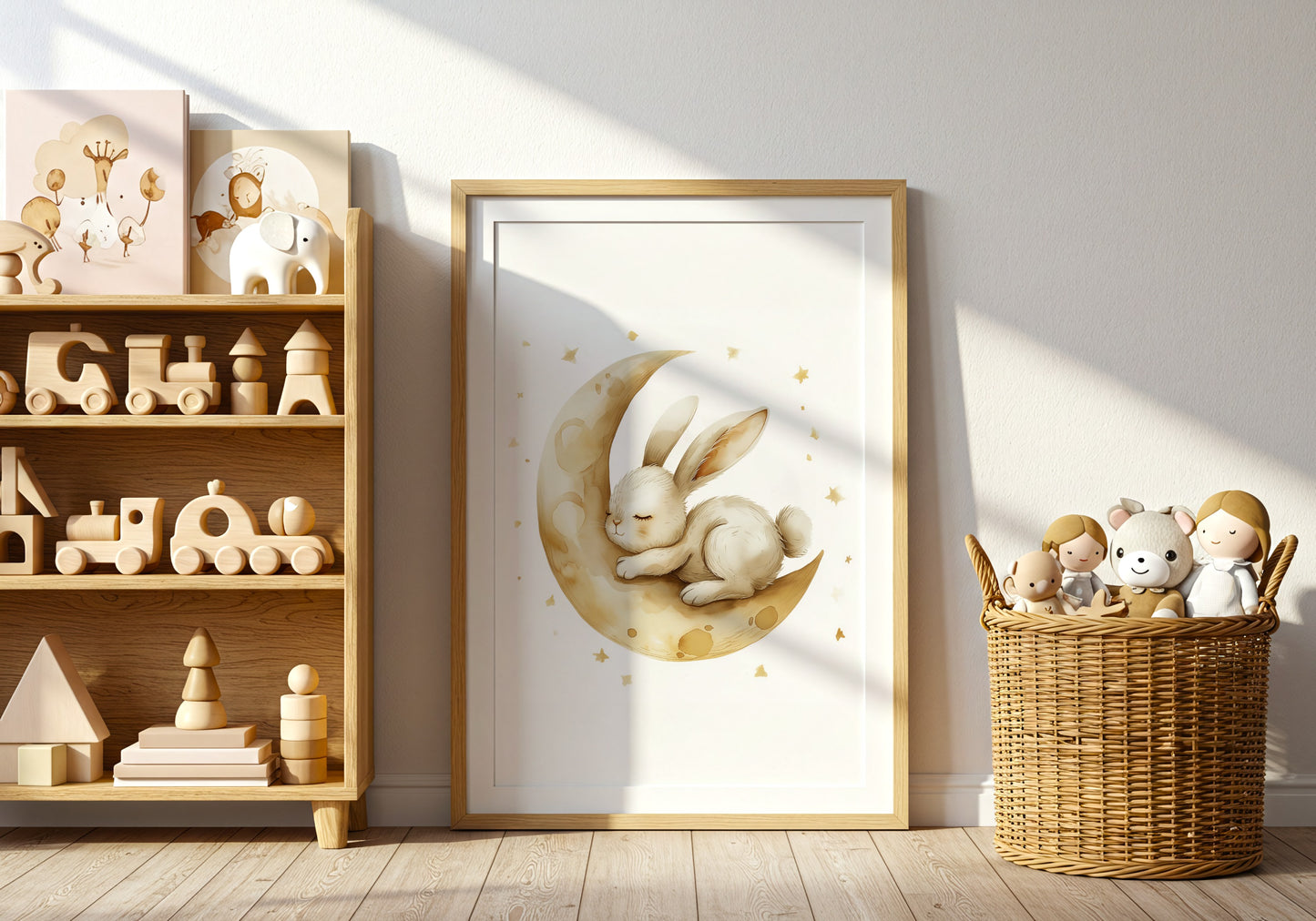 Sleepy Bunny on Moon Art Print for Kids Room product type