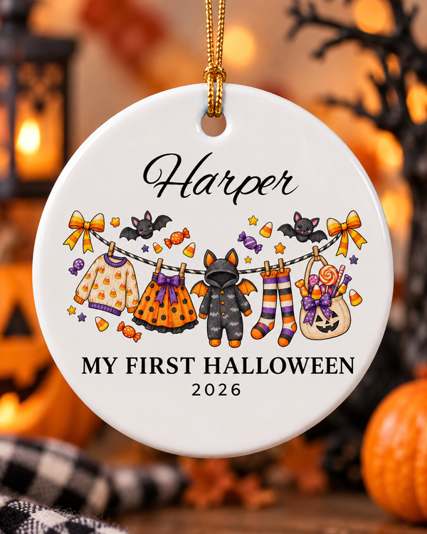 My First Halloween 2026 Baby Clothes Line Ceramic Ornament | Personalized Name