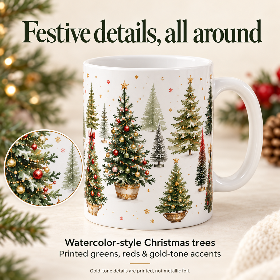 Watercolor Christmas Tree Mug, 11oz White Ceramic