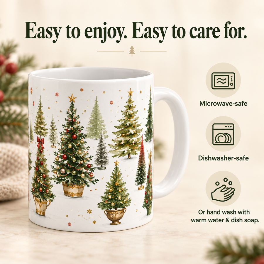 Watercolor Christmas Tree Mug, 11oz White Ceramic