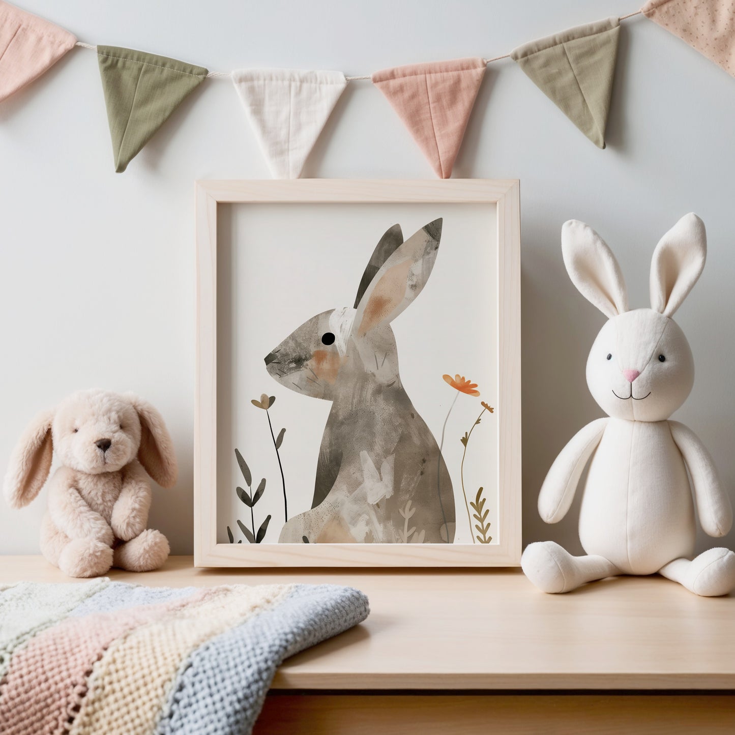 Adorable Bunny and Pastel Bunting Framed Art product