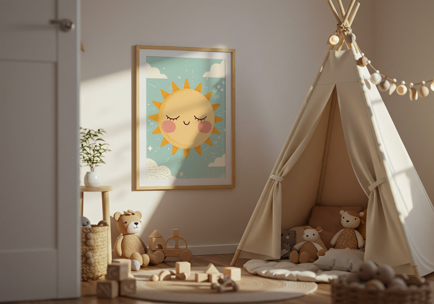 Cute Sun and Clouds Wall Art Print for Kids Room product