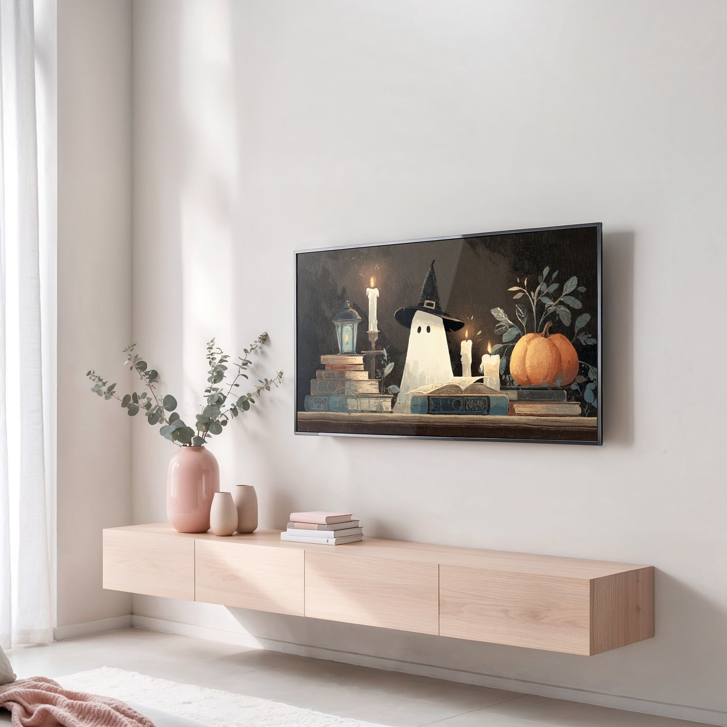 Autumn Witch Themed Wall Art, Halloween Canvas Print, Witch Hat Pumpkin Decor, Spooky Season Home Decoration