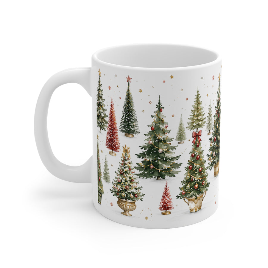 Watercolor Christmas Tree Mug, 11oz White Ceramic