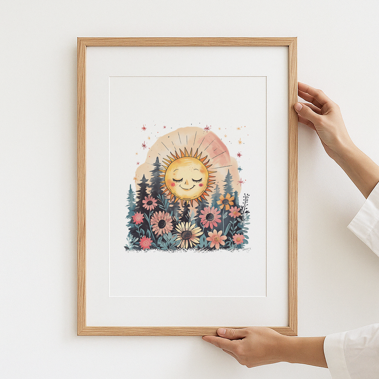 Cheerful Sun and Flowers Framed Wall Art Print product type