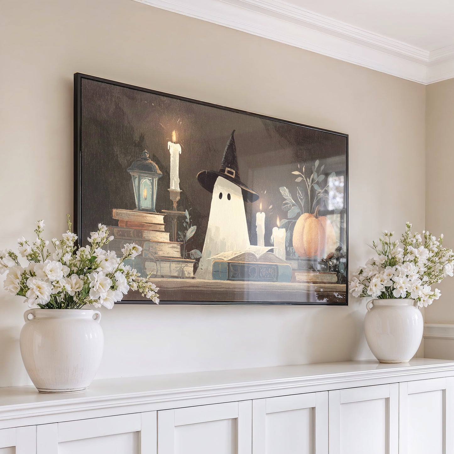 Halloween Ghost Canvas Art Print, Spooky Witch Decor, Autumn Pumpkin Home Wall Hanging, Large Seasonal Interior Design