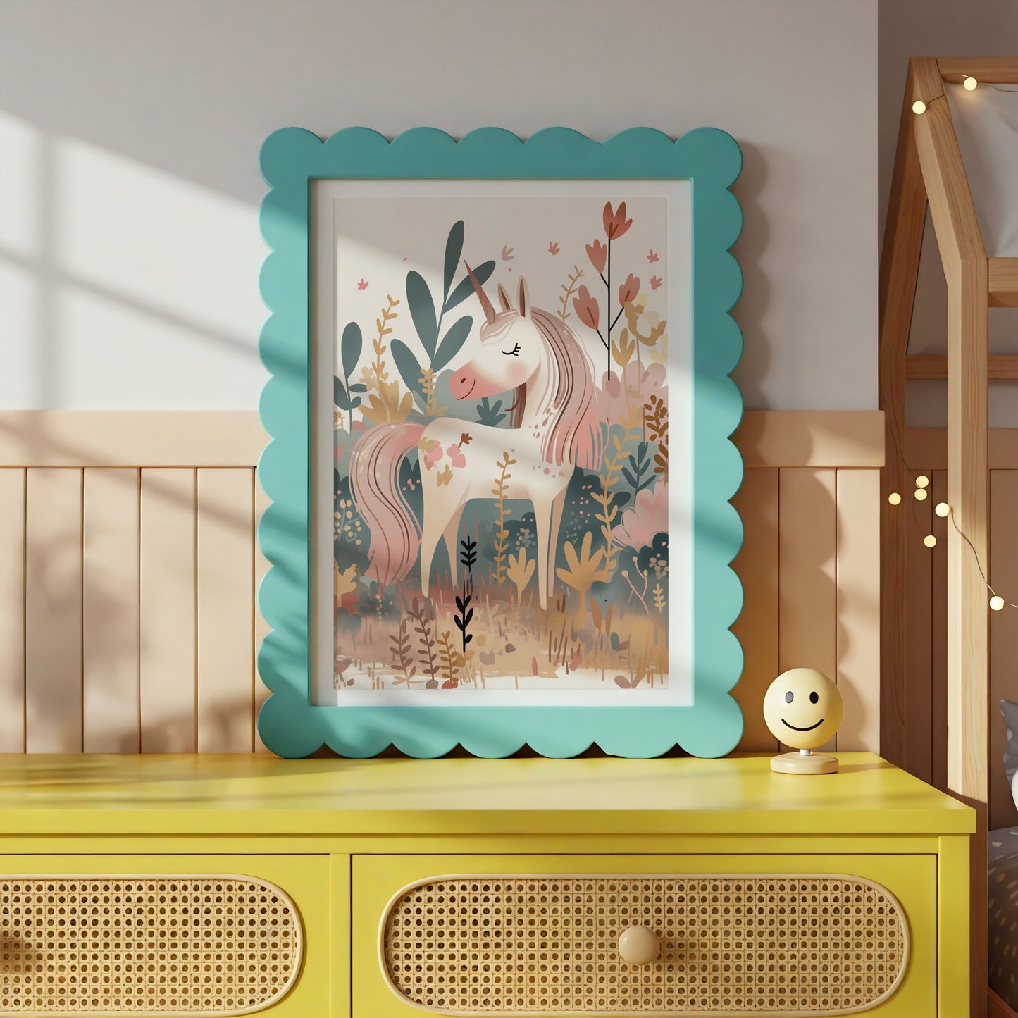 Whimsical Unicorn Print in Teal Framed Artwork product