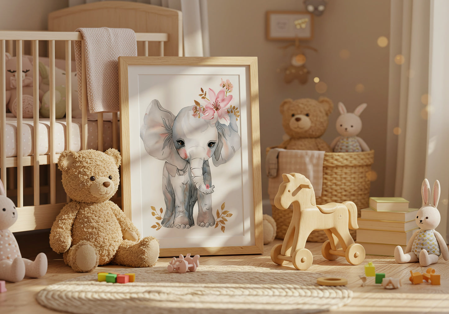 Cute Elephant with Floral Design in Nursery product type