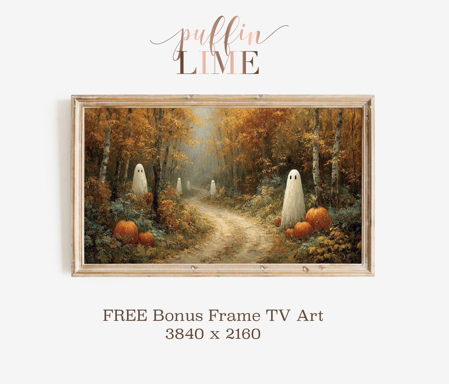 Autumn Ghosts and Pumpkins Digital Art, Fall Forest Scene, Spooky Halloween Indoor Decor, High Resolution Download 3840x2160