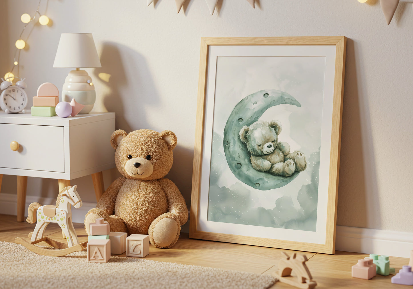 Adorable Teddy Bear on a Green Moon Art Print product