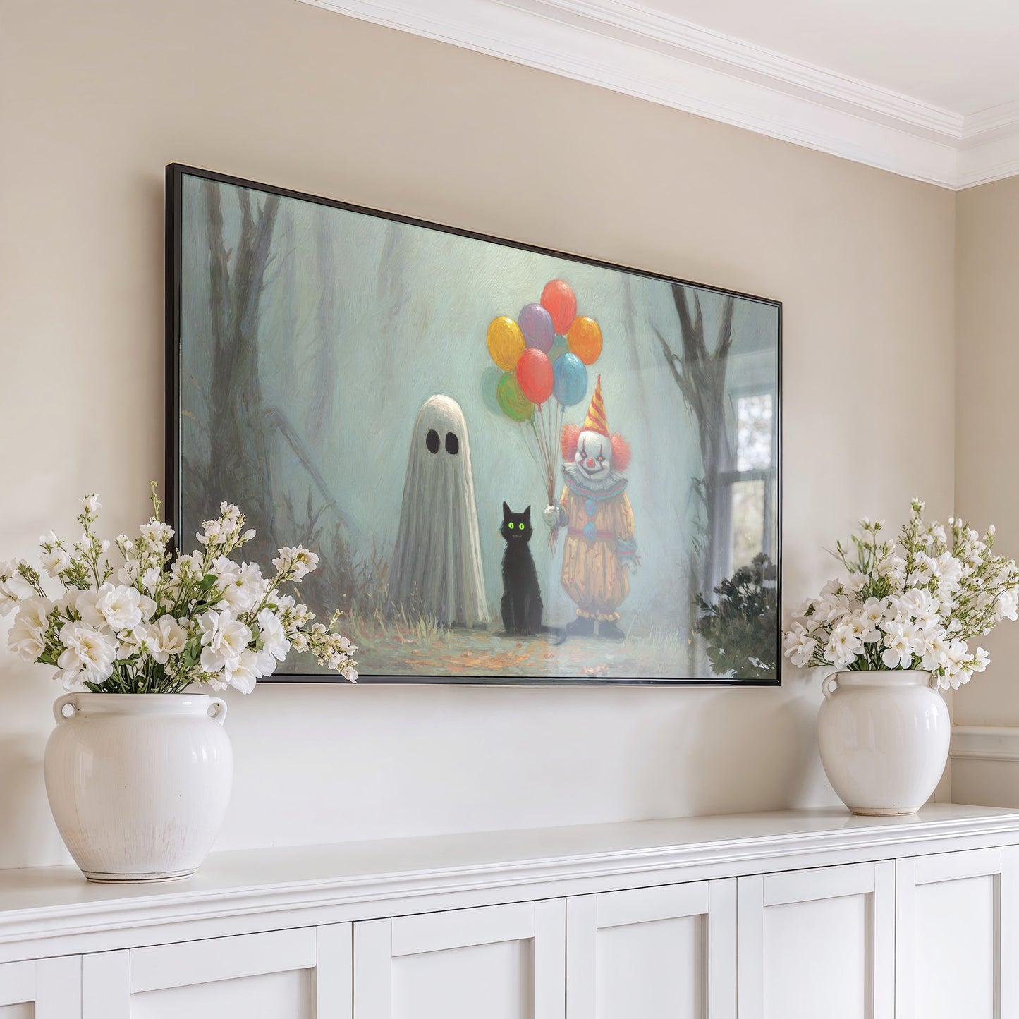 Whimsical Forest Canvas Art, Clown with Balloons, Ghost and Black Cat, Enchanted Woods Wall Decor