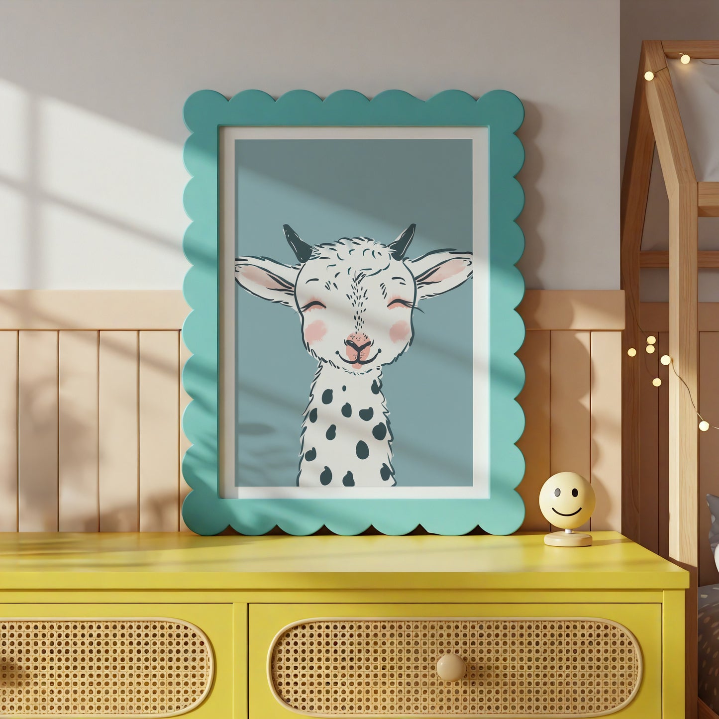 Whimsical Goat Print in Blue Frame for Nursery product