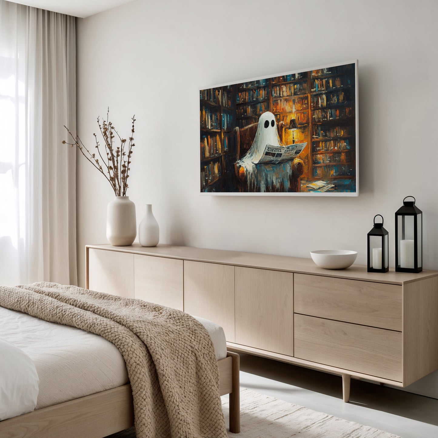 Ghostly Figure Reading in Library Canvas Print, Spooky Wall Art, Large Painting for Living Room Decor