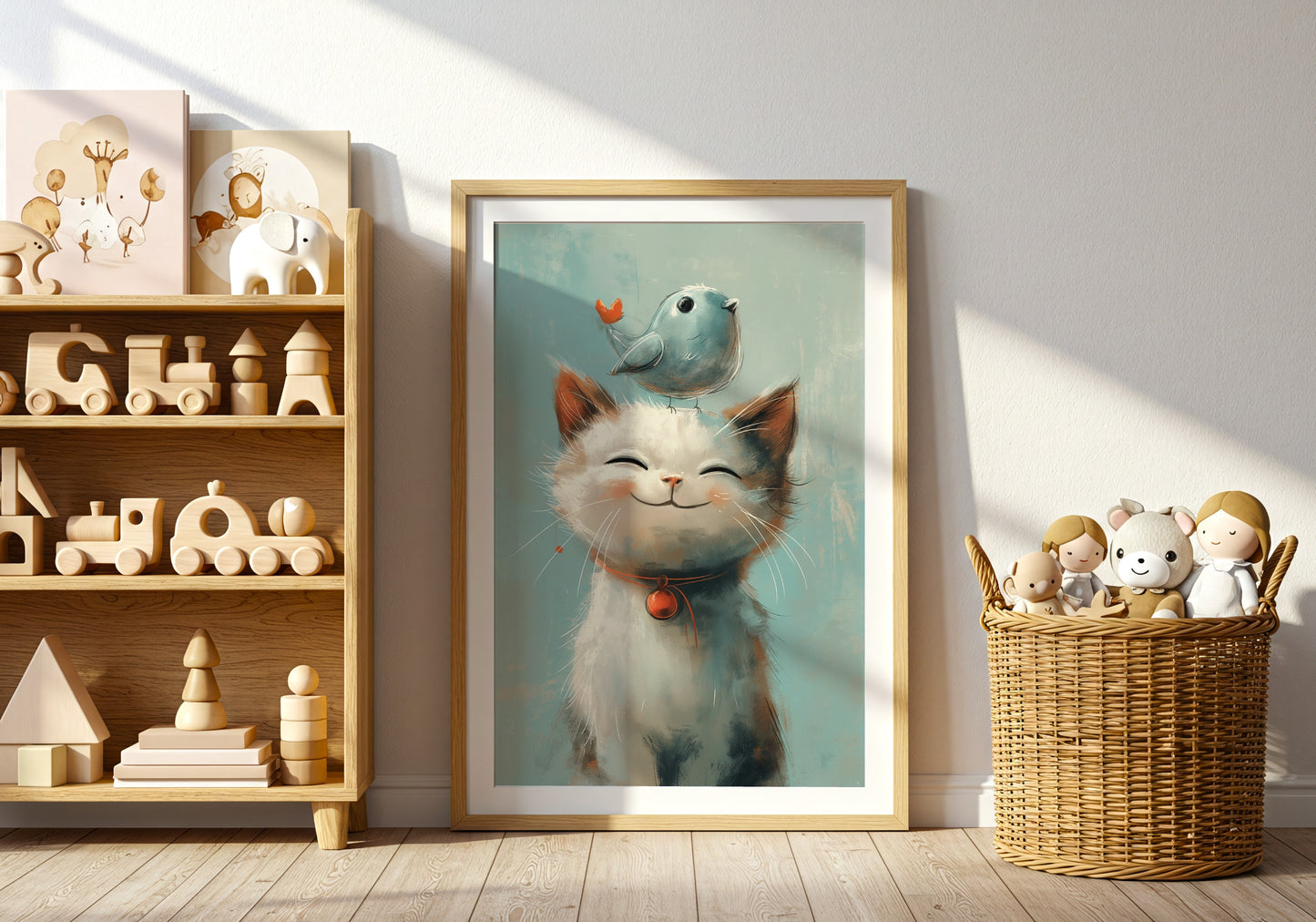 Adorable Cat with Bird Illustration Wall Art product