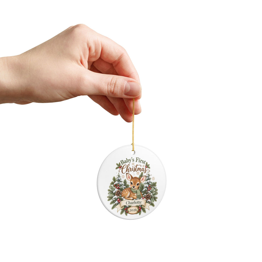 Personalized Baby's First Christmas Ornament - Woodland Fawn Ceramic Keepsake