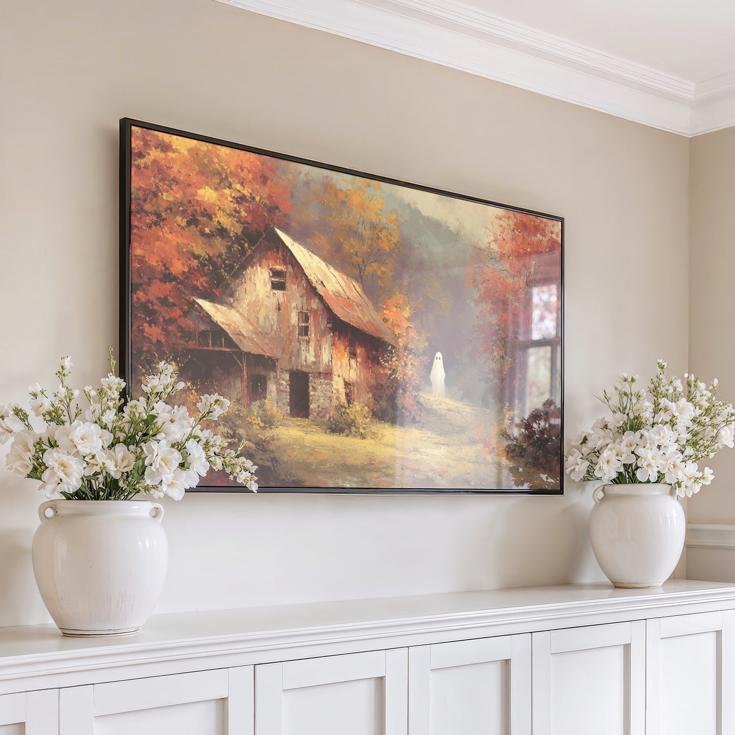 Rustic Autumn Cabin Canvas Art Print - Large Wall Decor, Fall Landscape, Vintage Countryside Aesthetic