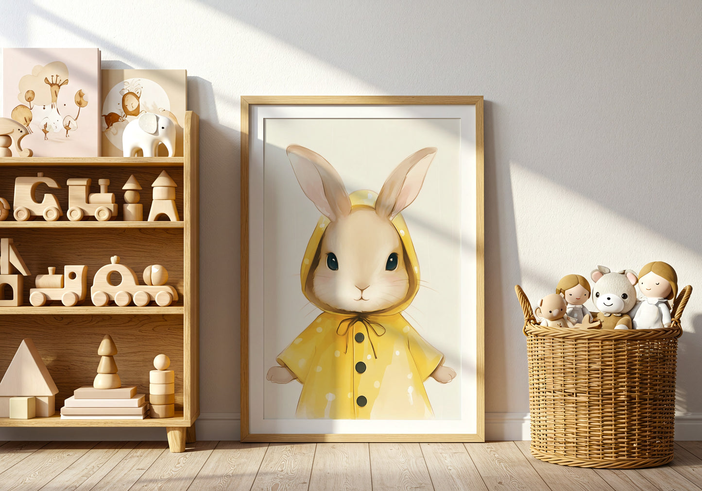 Cute Bunny in Yellow Raincoat Art Print product type