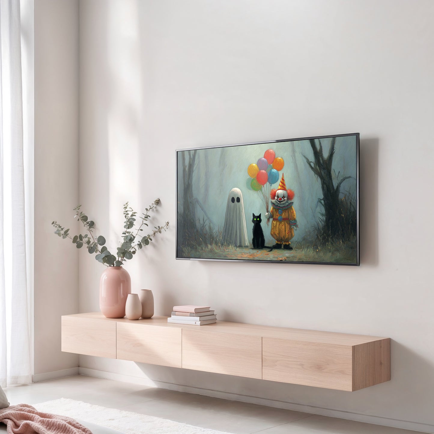 Whimsical Ghost and Cat Art Print, Fantasy Forest Wall Art with Balloons, Unique Living Room Decor, Large Poster