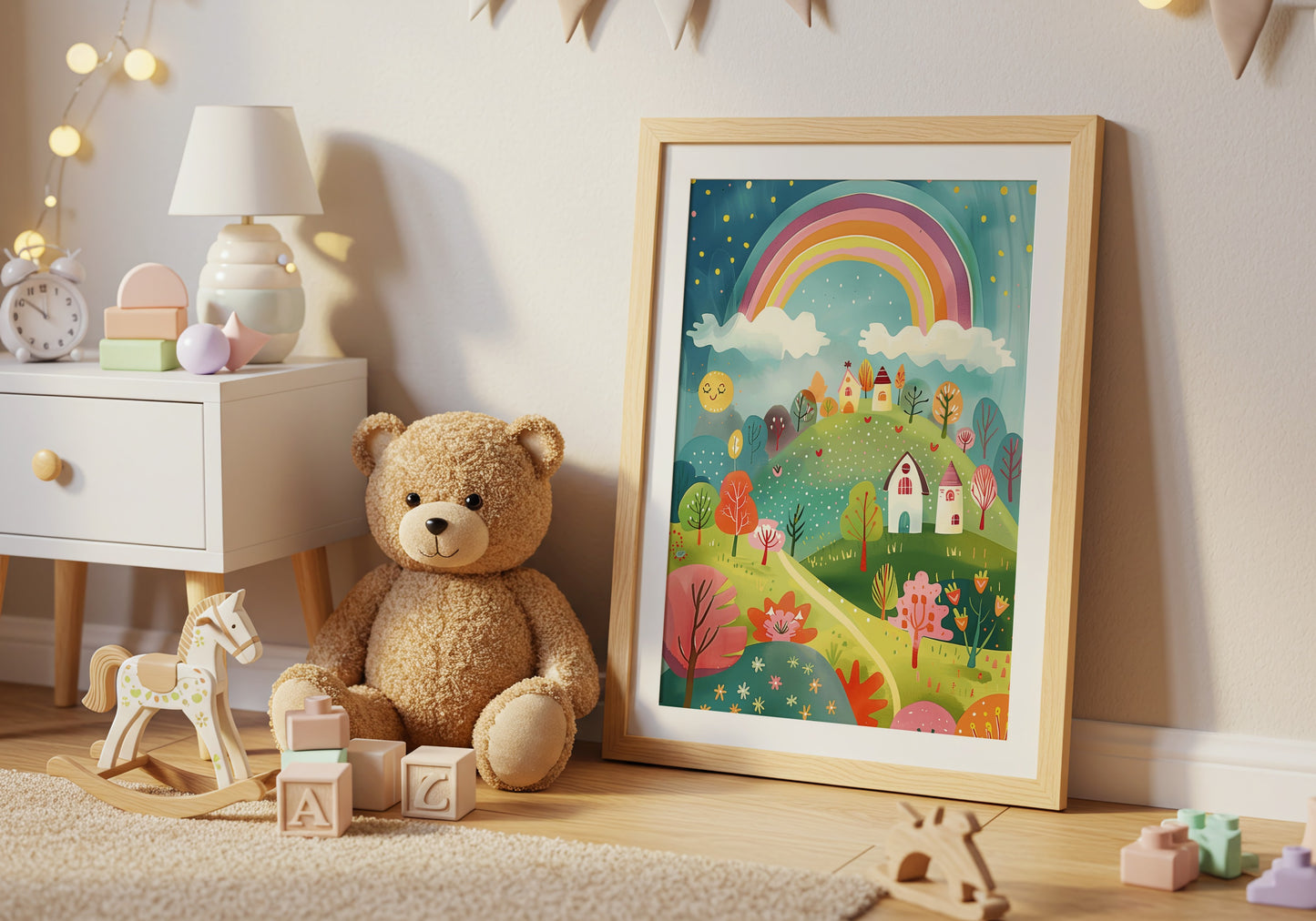 Charming Colorful Rainbow and Village Scene Wall Art product