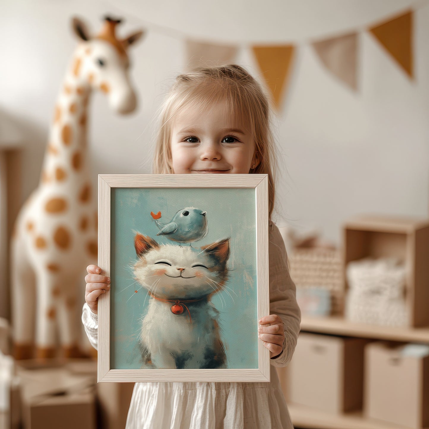 Adorable Cat and Bird with Giraffe Background product