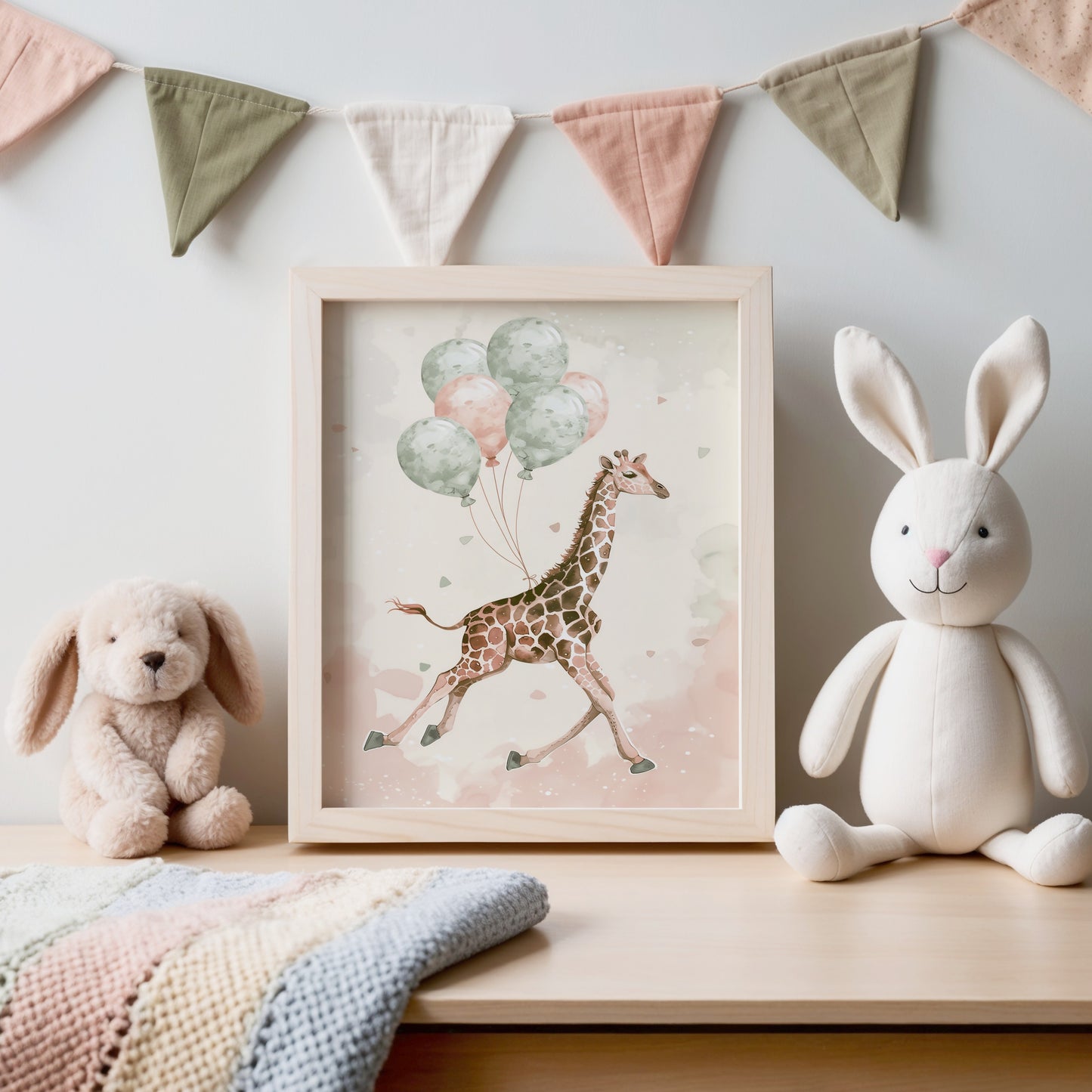 Adorable Giraffe With Balloons Wall Art Print product type