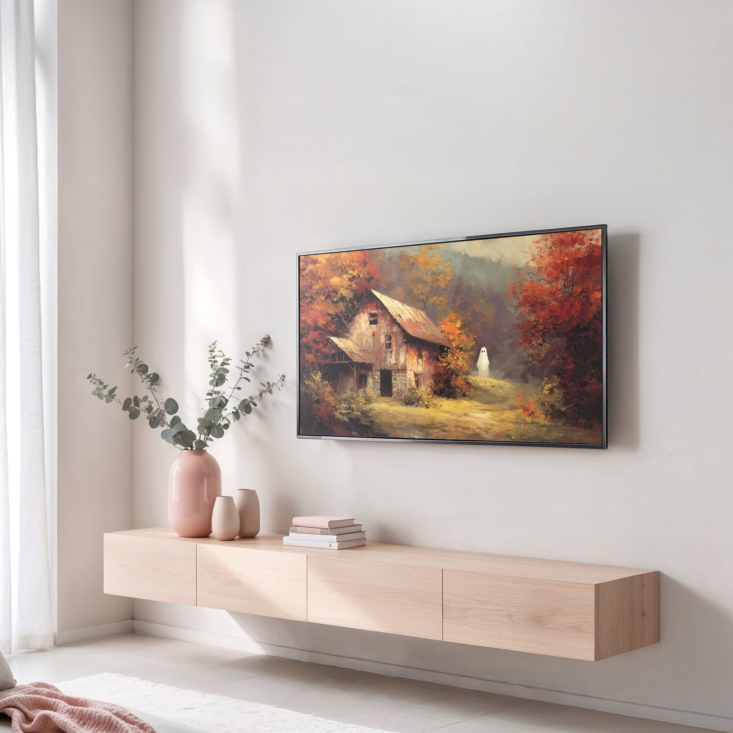 Autumn Landscape Painting, Rustic Cabin Art, Fall Scenery Canvas, Wall Decor for Living Room, Large Print