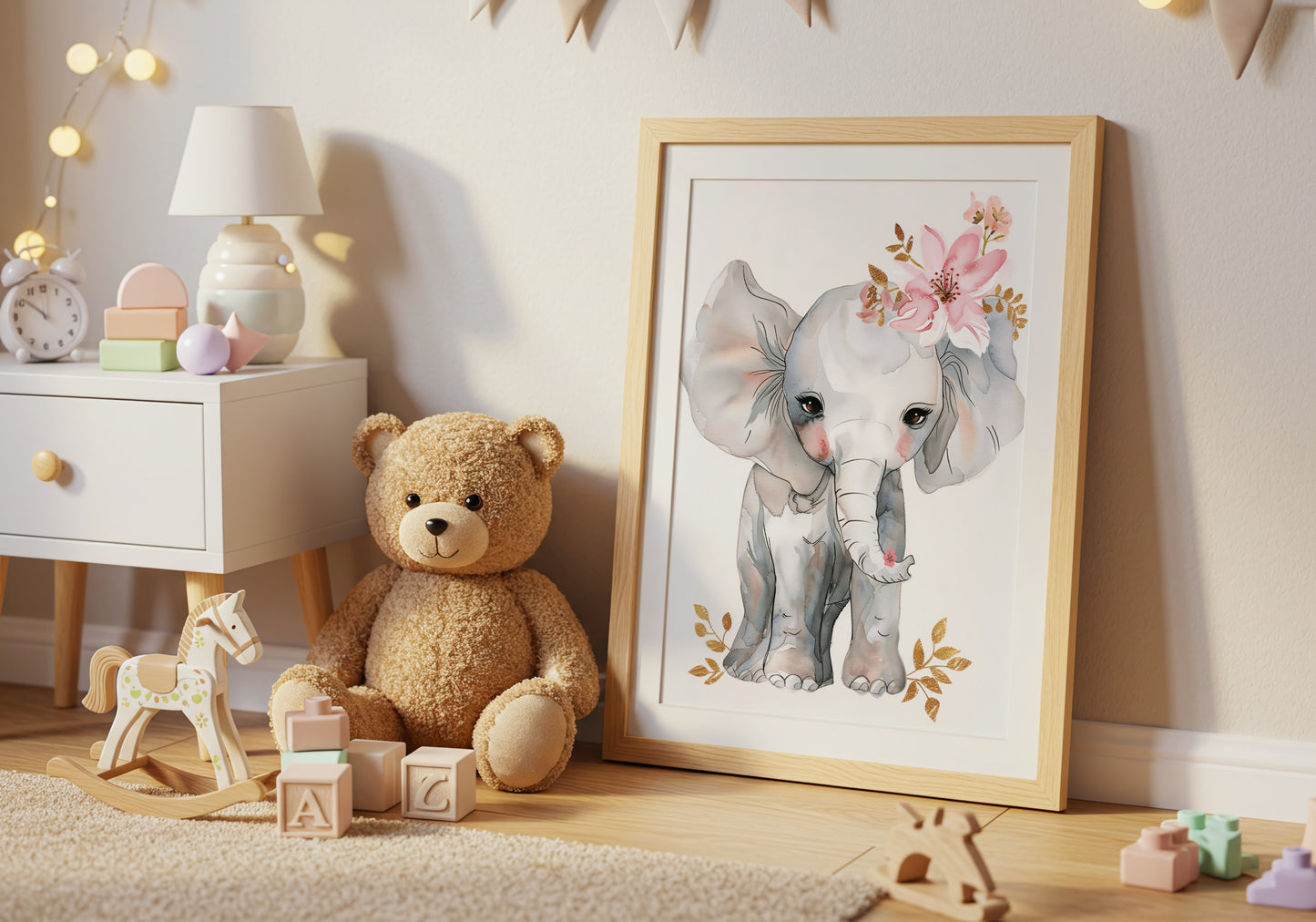 Adorable Elephant with Flowers in Kids Room Art product