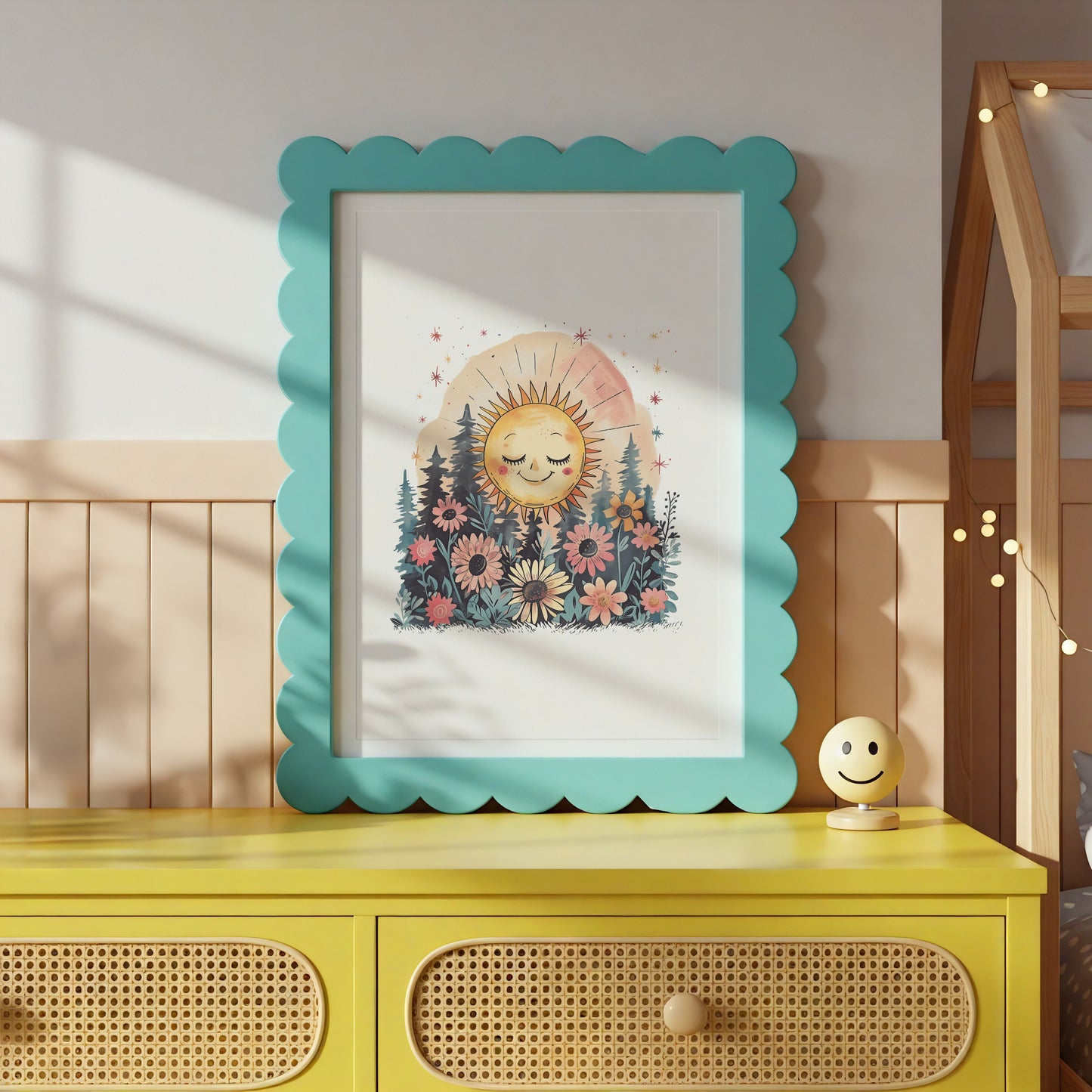 Cheerful Sun in Forest Art Print with Turquoise Frame product