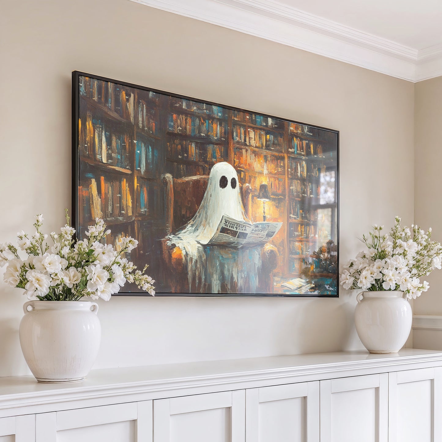 Whimsical Ghost Reading Newspaper Canvas Print, Quirky Library Wall Art, Spooky Decorative Painting for Home