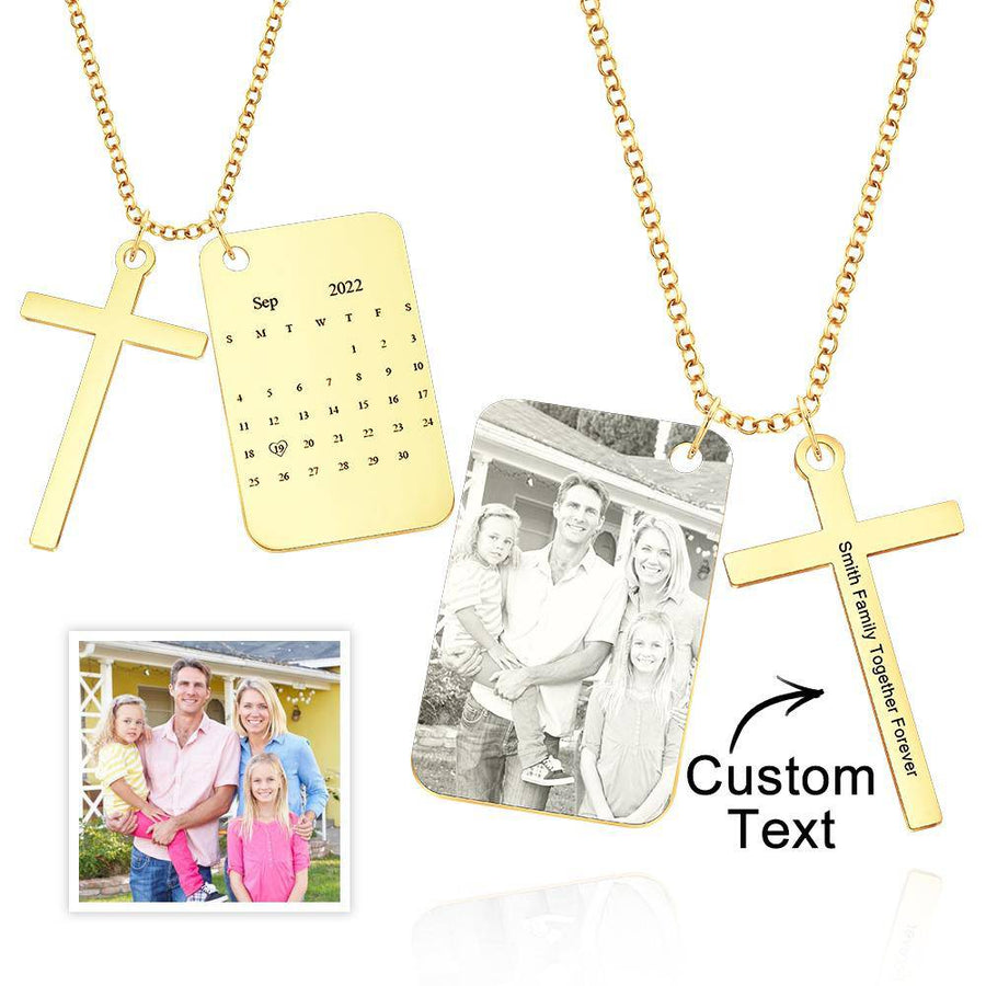 Custom Engraved Cross Necklace with Photo Calendar Pendant