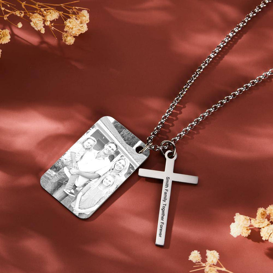 Custom Engraved Cross Necklace with Photo Calendar Pendant