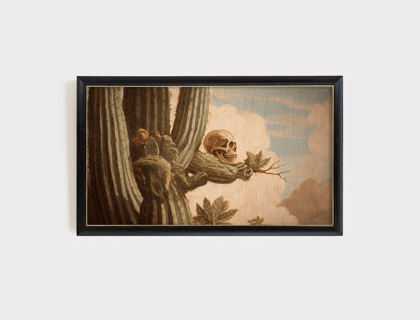 Vintage Skull and Cactus Oil Painting, Rustic Wall Art, Framed Desert Landscape, Unique Gothic Home Decor, Creepy Chic Artwork