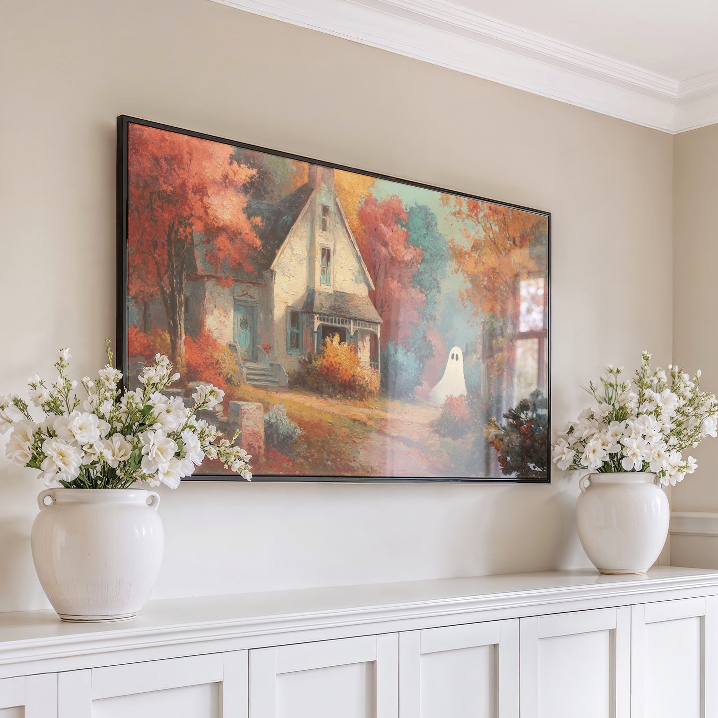 Autumnal Landscape Painting, Rustic Cabin Wall Art, Fall Scenery Decor, Large Framed Artwork for Living Room