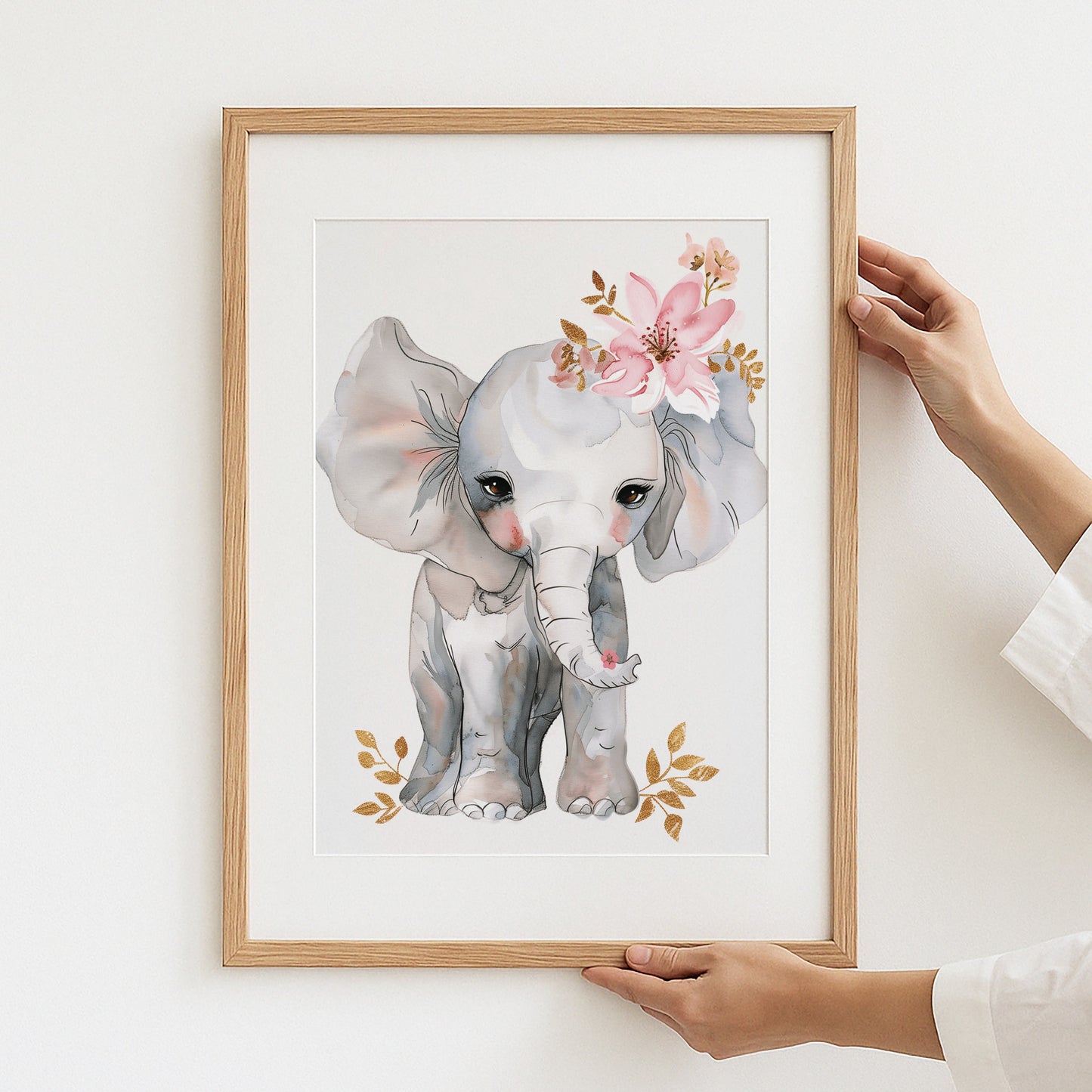 Cute Baby Elephant with Flowers Wall Art product type