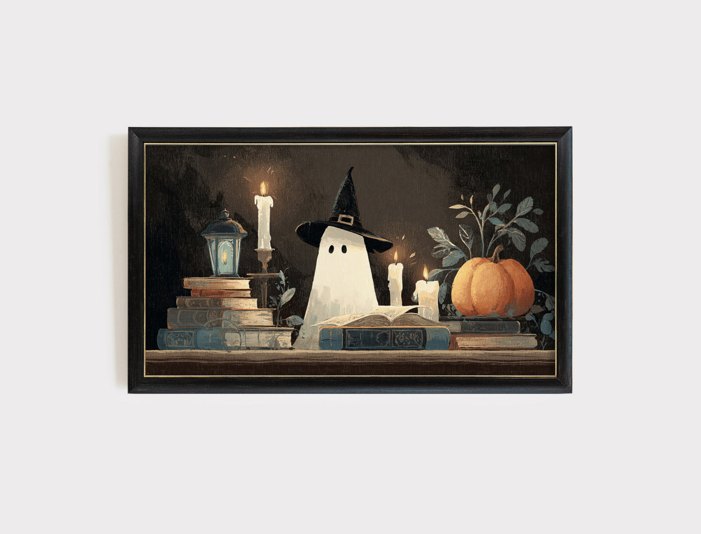 Halloween Ghost Painting, Vintage Style Witch Hat, Autumn Pumpkin Decor, Spooky Wall Art Print