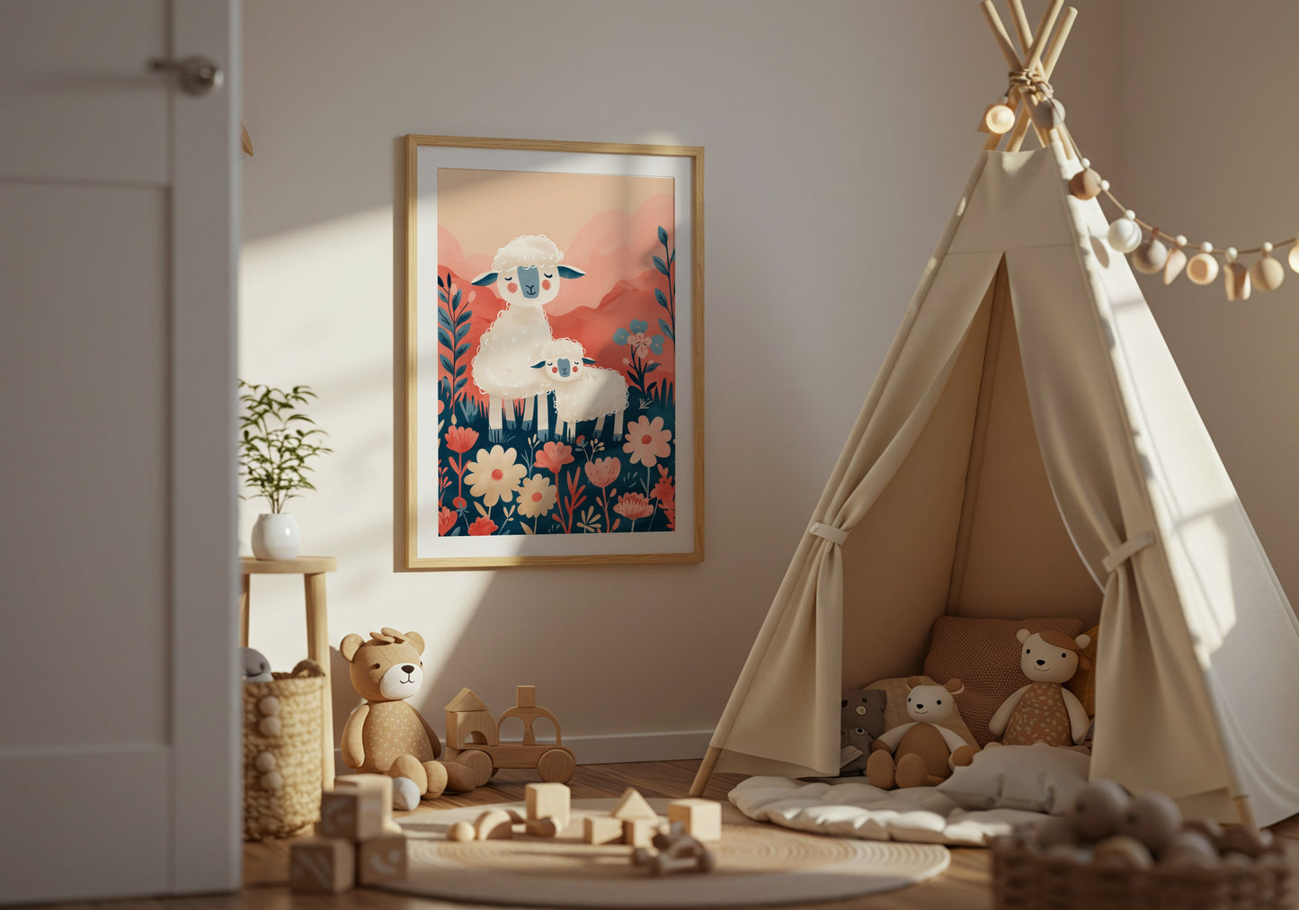 Adorable Lamb and Flowers Kid's Room Wall Art product