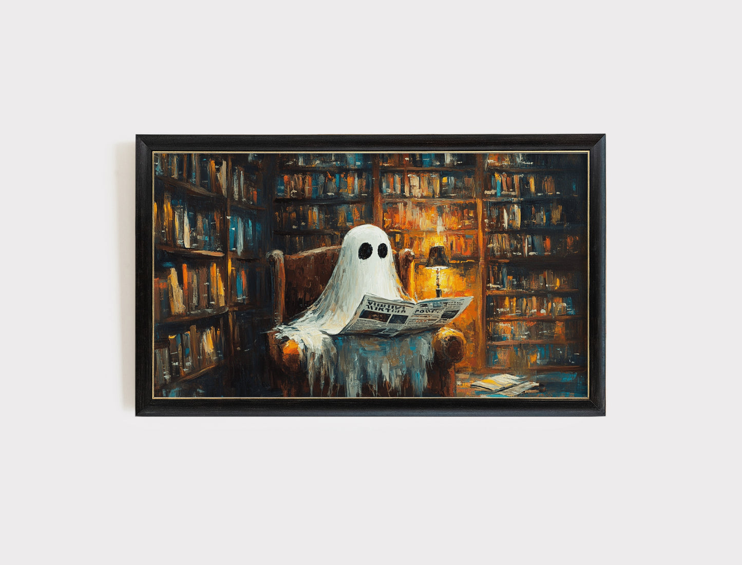 Ghost Reading Newspaper in Library Painting, Spooky Wall Art Decor, Halloween Canvas Print, Unique Book Lover Gift