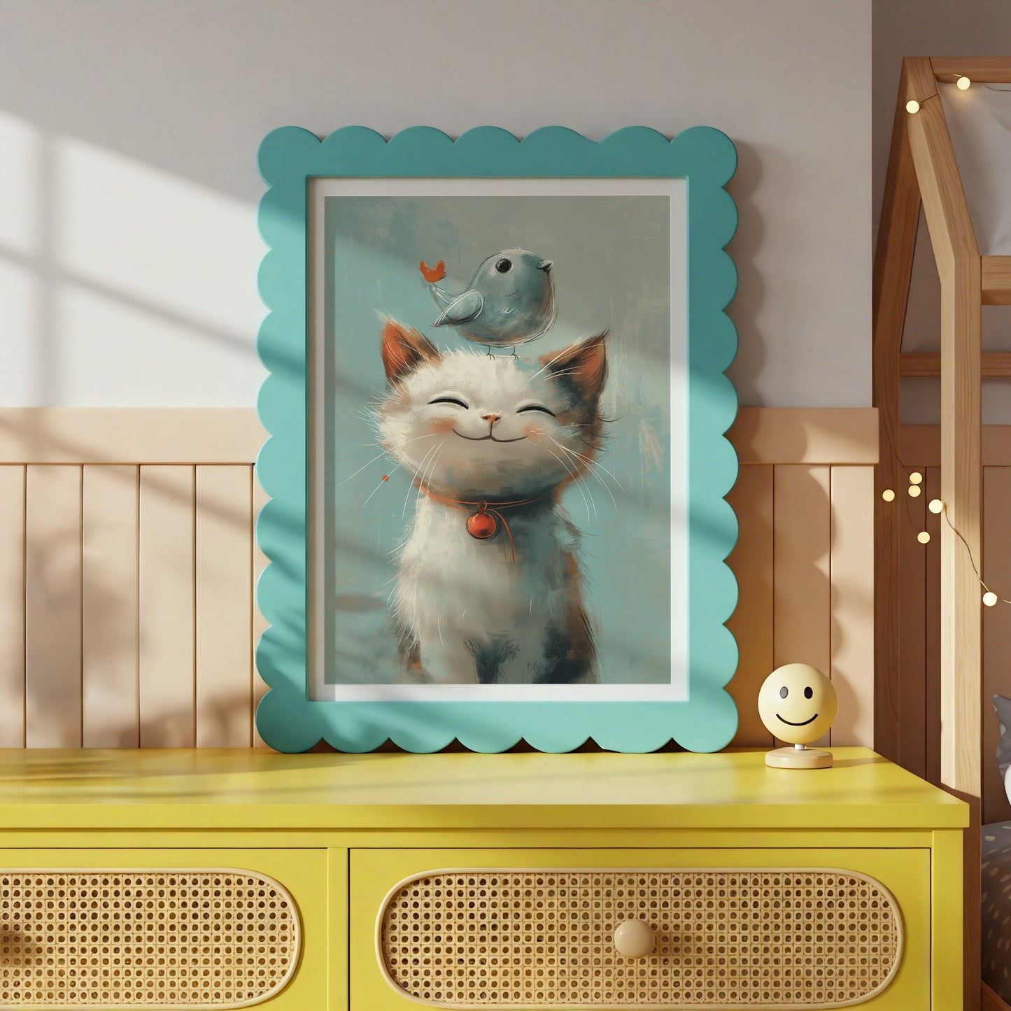 Cheerful Cat and Bird Framed Art Print product type