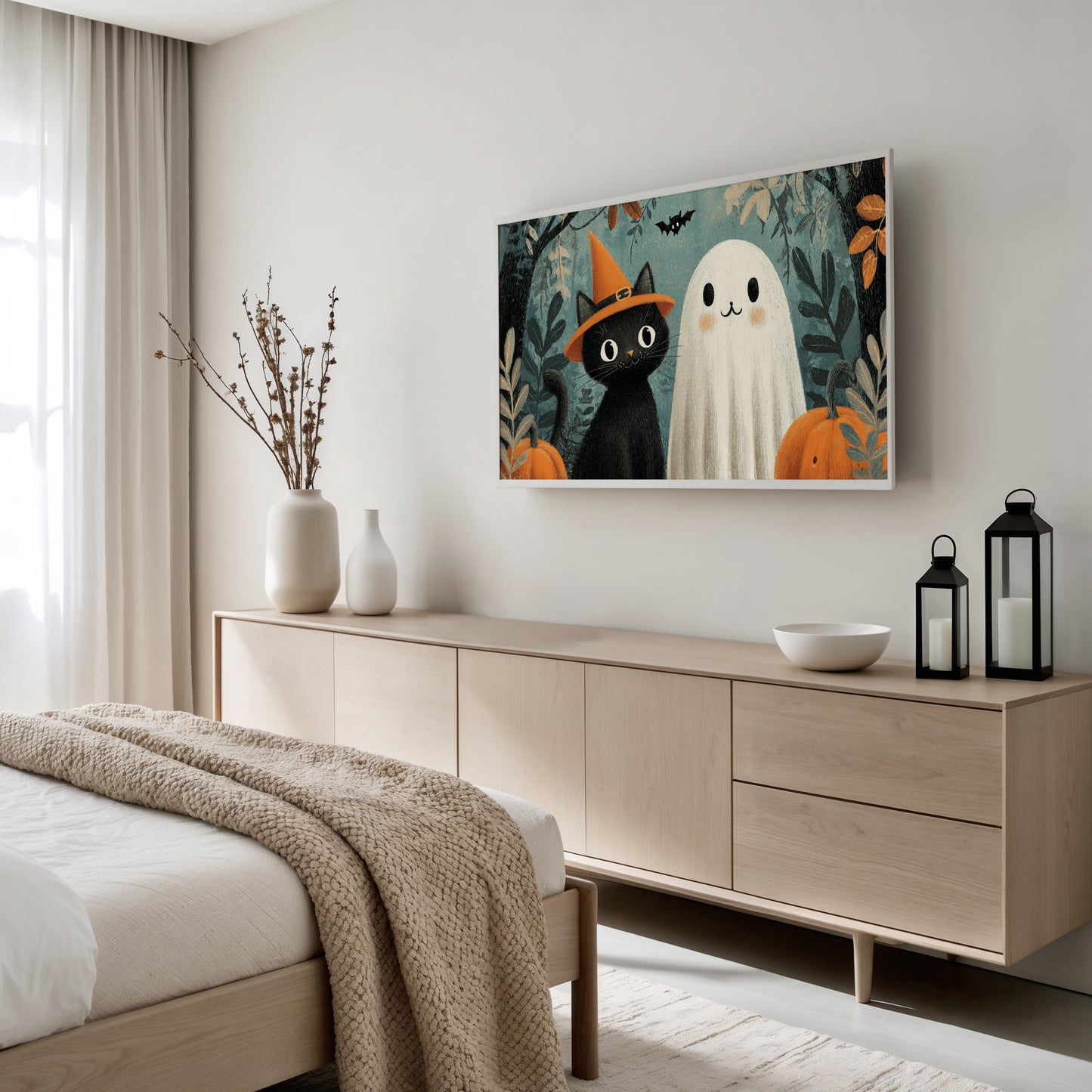 Cute Cat and Ghost Illustration Canvas Print, Modern Halloween Wall Art Decor, Spooky Season Bedroom Decorations, Playful Autumn Theme