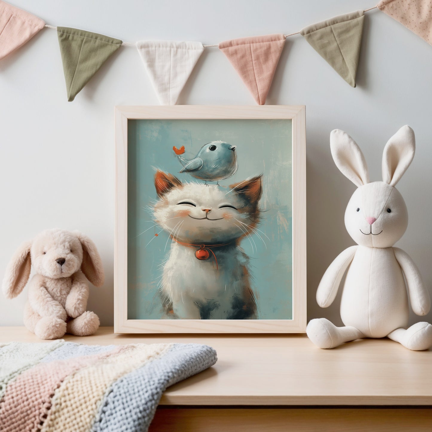 Whimsical Cat and Bird Art Print Nursery Decor product type